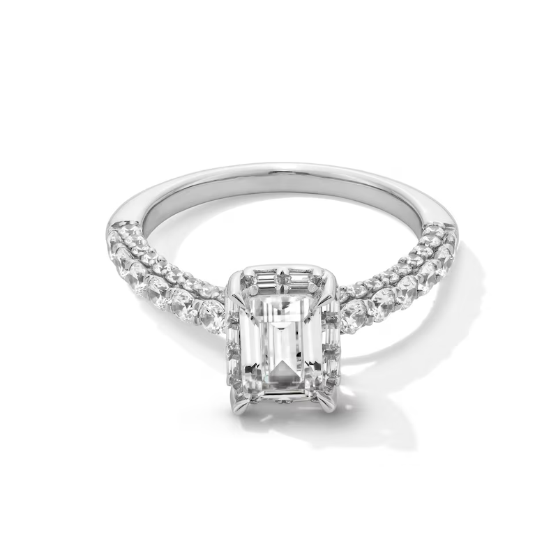 10K White Gold 2 CT Emerald-Cut Diamond Frame Custom Engraving Engagement Ring-1