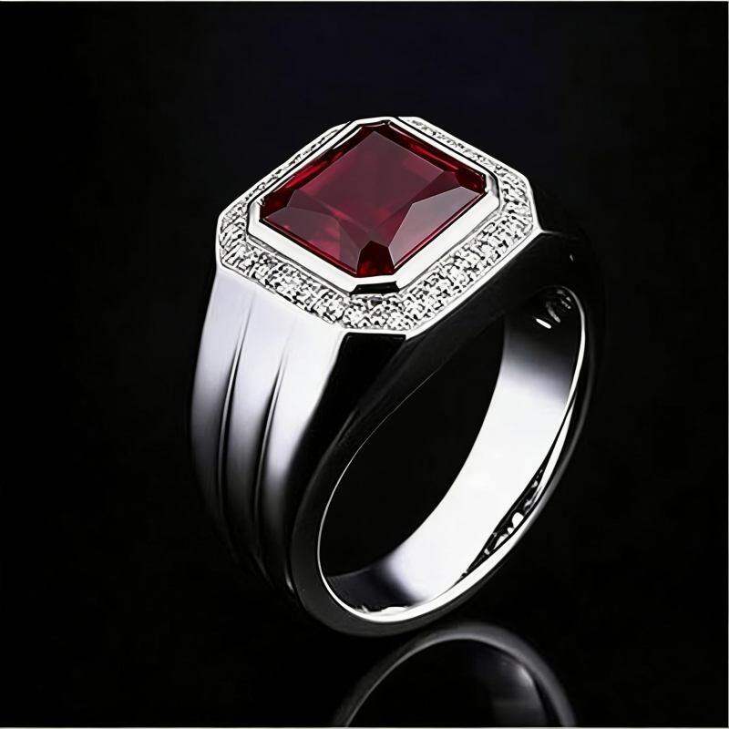 Banda para hombre de oro blanco de 14 quilates con granate de 2 CT para hombres-4