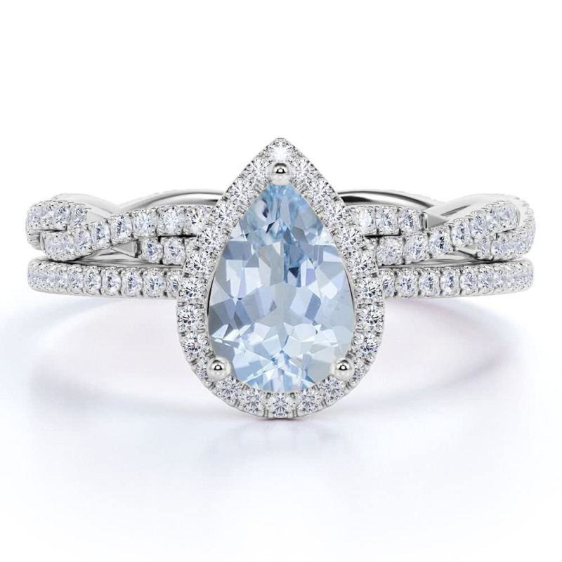 Conjunto nupcial de oro blanco 10K con aguamarina talla pera de 1 CT-1