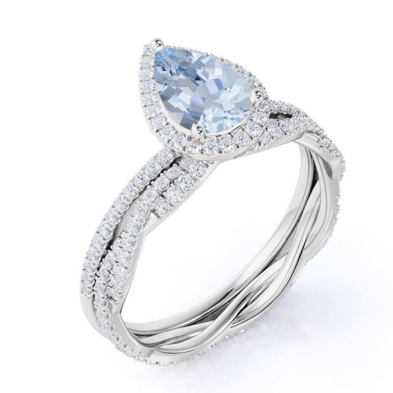 Conjunto nupcial de oro blanco 10K con aguamarina talla pera de 1 CT-3