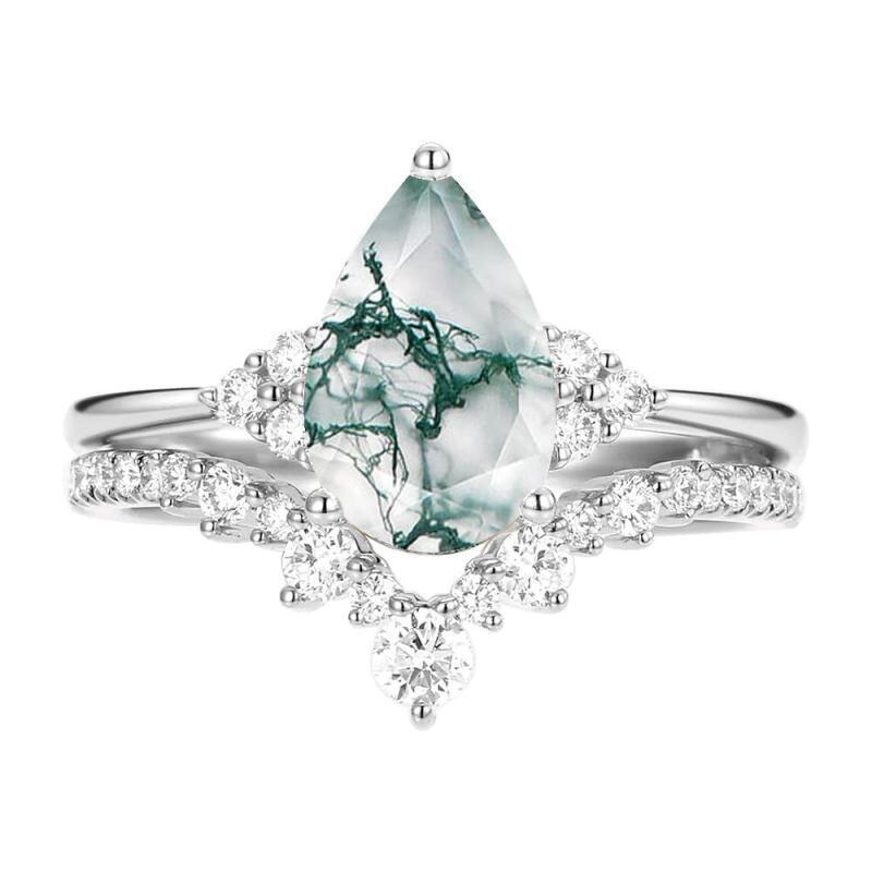 Brautset aus 10K-Weißgold, 2 Karat, birnenförmiger Moissanit & Moos-Achat-8