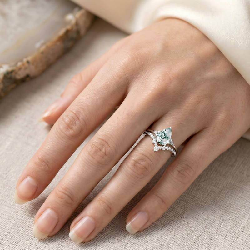 14K White Gold 2 CT Pear Cut Moissanite & Moss Agate Bridal Set-2