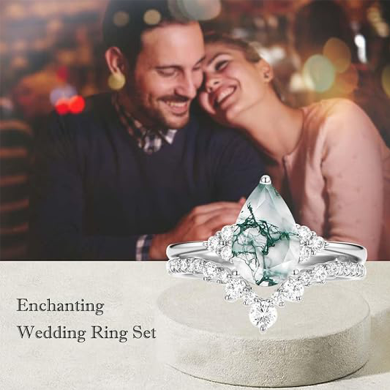 14K White Gold 2 CT Pear Cut Moissanite & Moss Agate Bridal Set-3