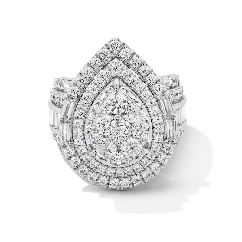 Anel de Noivado em Ouro Branco 10K com Diamantes Multicor em Formato de Pera de 4 Quilates Totais, Moldura Tripla e Múltiplas Fileiras, Classificação D-VVS1 3EX-20