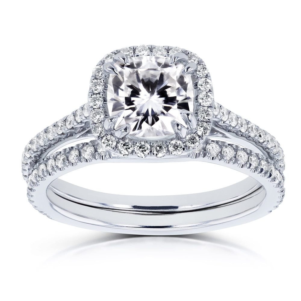 10K Białe Złoto 2 CT Princess Cut Moissanite Spersonalizowany Grawerowany Obrączka Ślubna-1