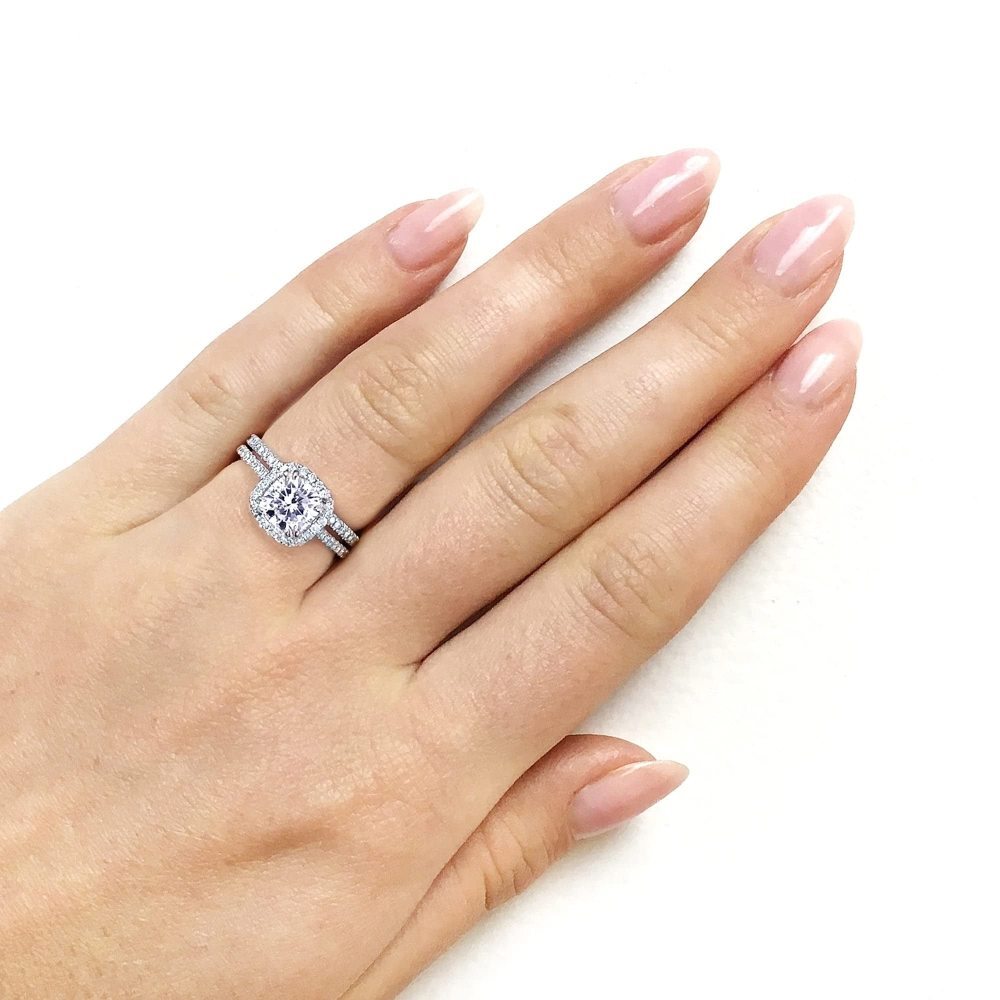 10K Białe Złoto 2 CT Princess Cut Moissanite Spersonalizowany Grawerowany Obrączka Ślubna-2
