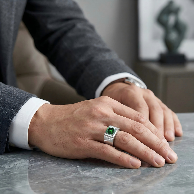 14K Or blanc 1 CT taille ronde Pierre de naissance pour homme-3