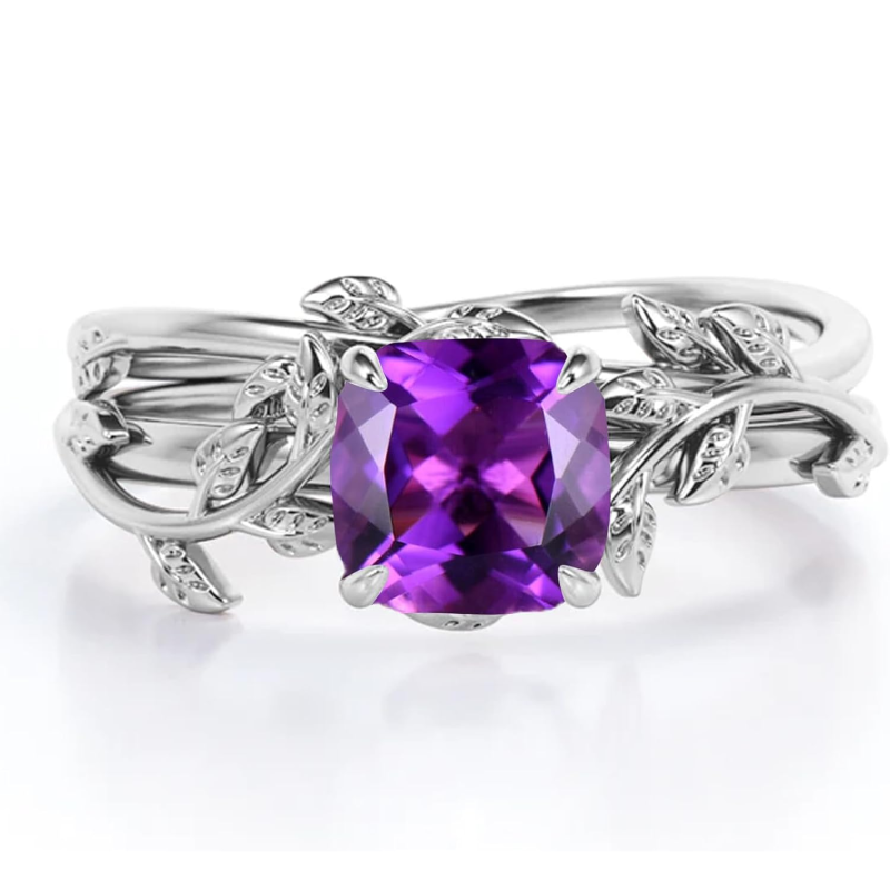 Conjunto de anéis de noivado com pedras preciosas em ouro branco 10K e corte almofada de hera-3