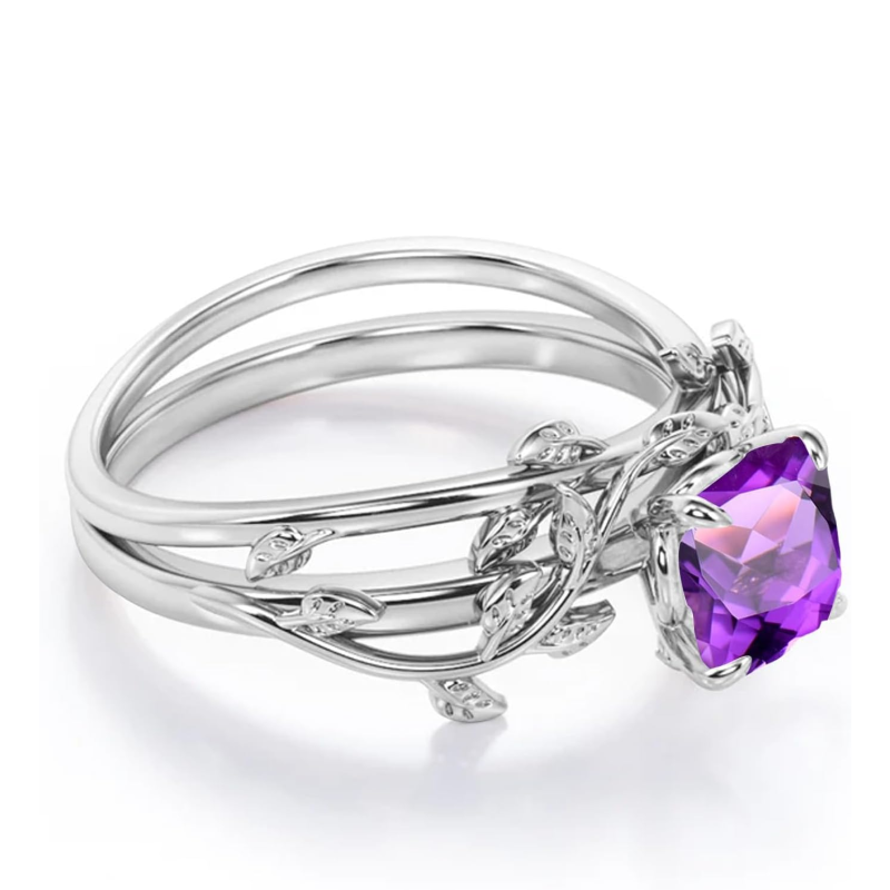 Conjunto nupcial de anillos de compromiso con gemas talla cojín Ivy en oro de 10 quilates-3