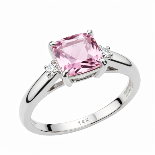 Anillo de compromiso de oro blanco de 14 quilates con moissanita y morganita cortada en forma de almohadilla