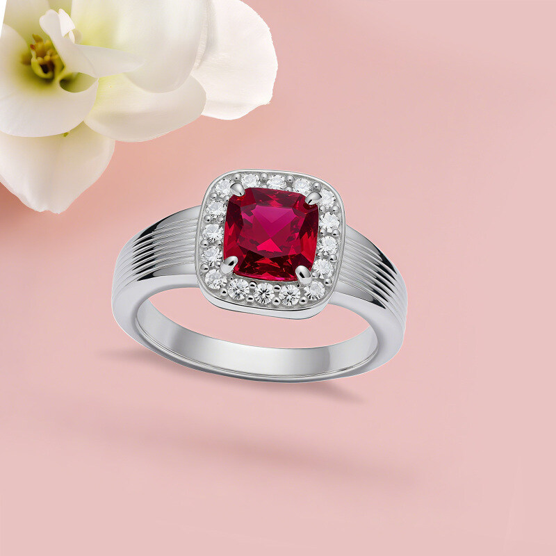 14K White Gold Cushion Cut Ruby & Lab Created Diamond Engagement Ring-2