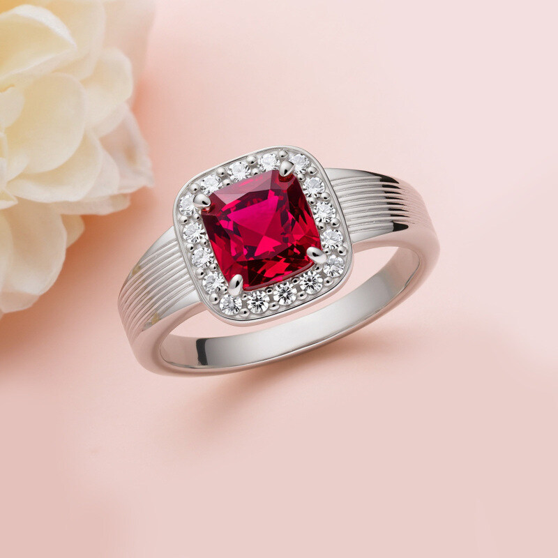 14K White Gold Cushion Cut Ruby & Lab Created Diamond Engagement Ring-3