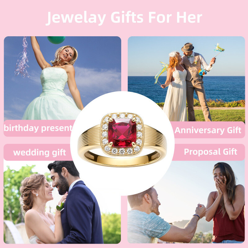 14K White Gold Cushion Cut Ruby & Lab Created Diamond Engagement Ring-6