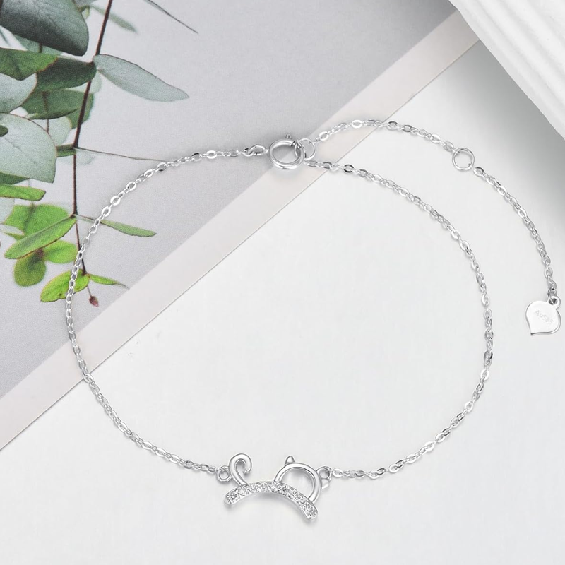 10K White Gold Diamond Cat Charm Bracelet-3