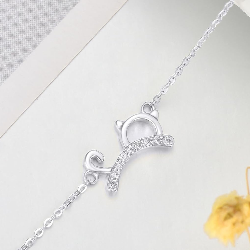 Pulseira de pingente de gato com diamantes em ouro branco 10K-4