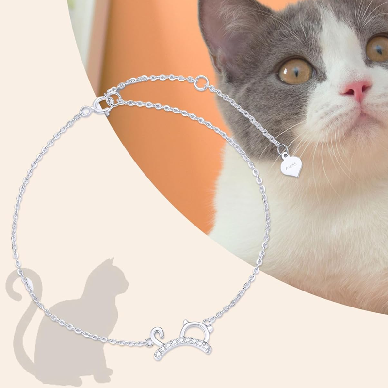 10K White Gold Diamond Cat Charm Bracelet-5