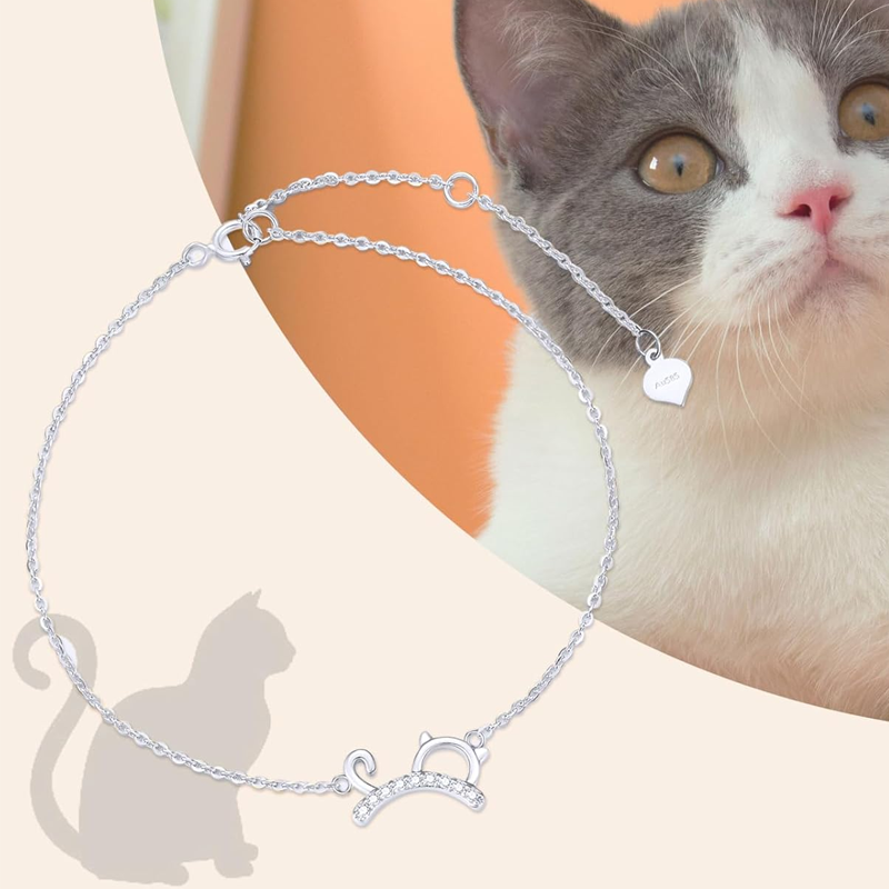 Pulseira de pingente de gato com diamantes em ouro branco 10K-5
