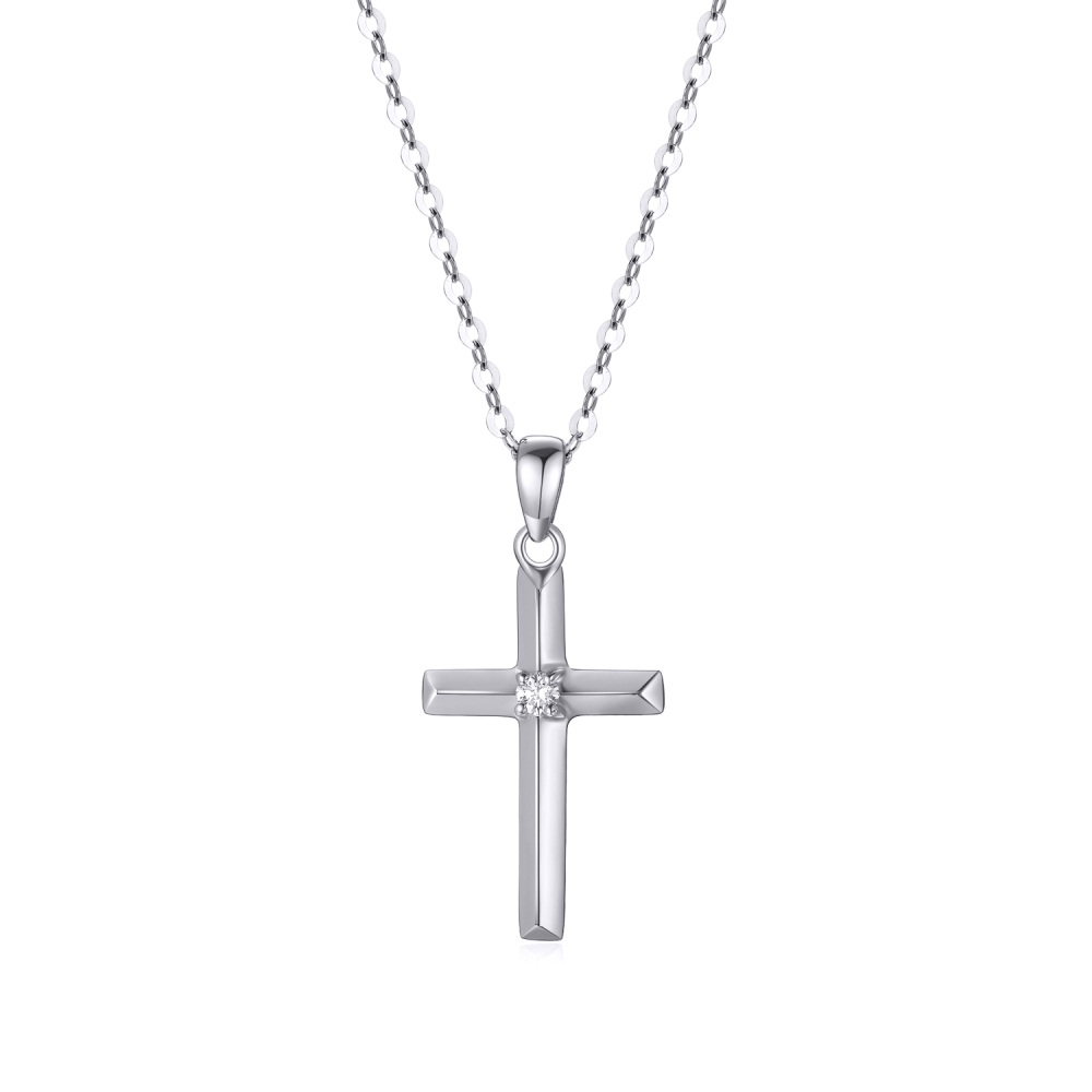 10K White Gold Diamond Cross Pendant Necklace-1