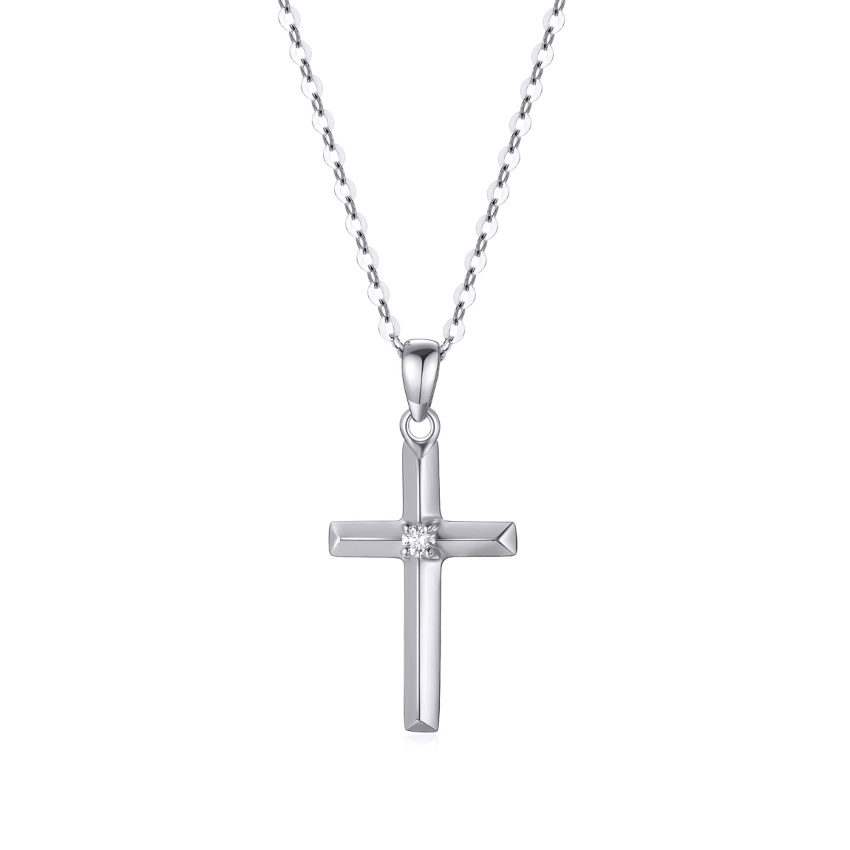 14K White Gold Diamond Cross Pendant Necklace-1