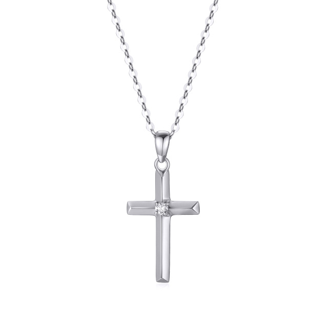 14K White Gold Diamond Cross Pendant Necklace-1