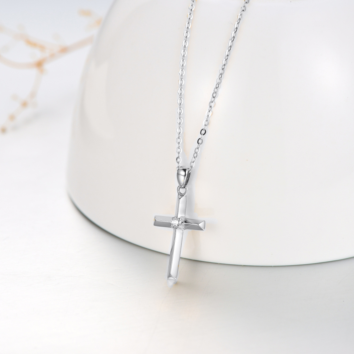 14K White Gold Diamond Cross Pendant Necklace-3