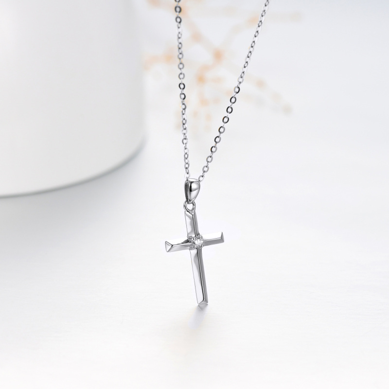 10K White Gold Diamond Cross Pendant Necklace-5