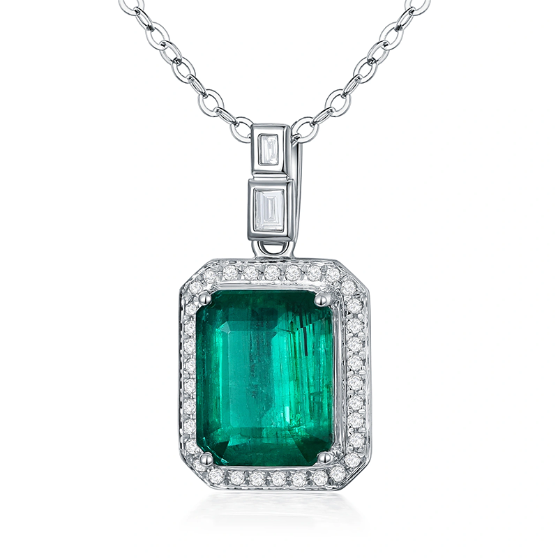 14K White Gold Diamond Emerald Pendant Necklace-2