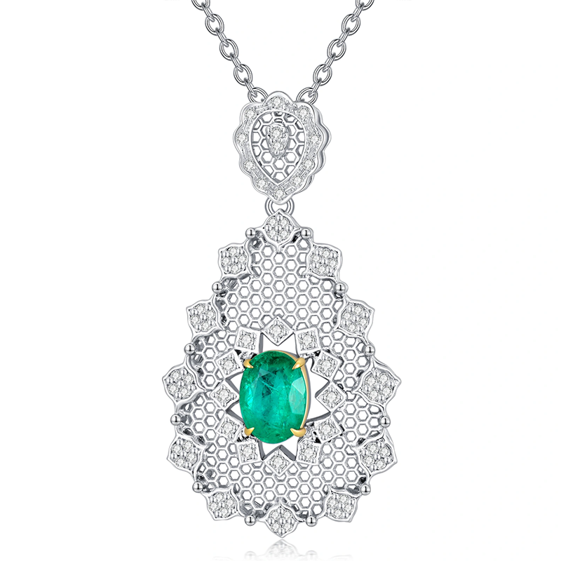 14K White Gold Diamond Emerald Pendant Necklace-2