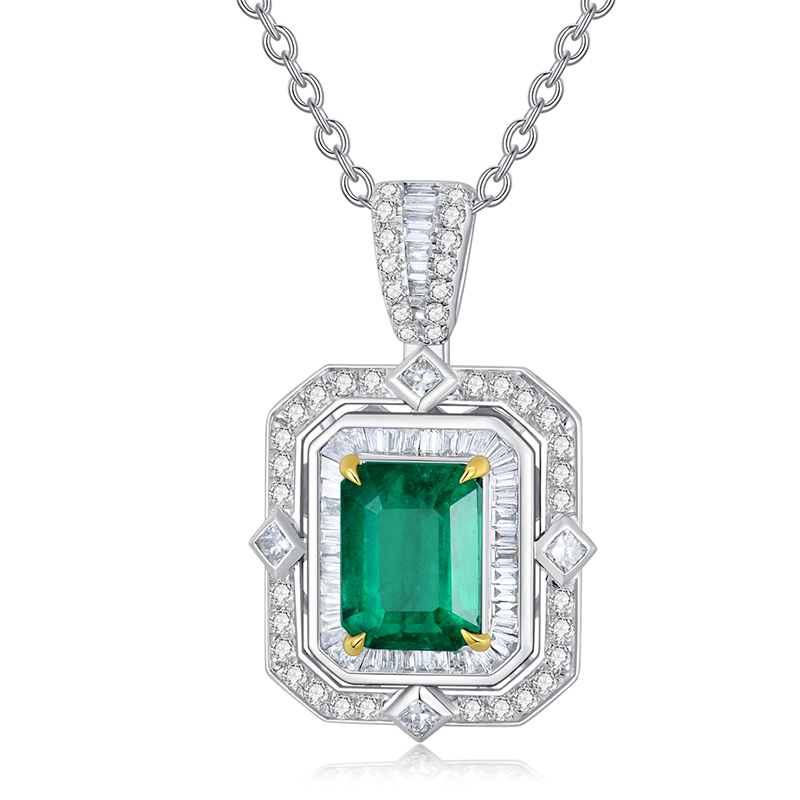 14K White Gold Diamond Emerald Pendant Necklace-2