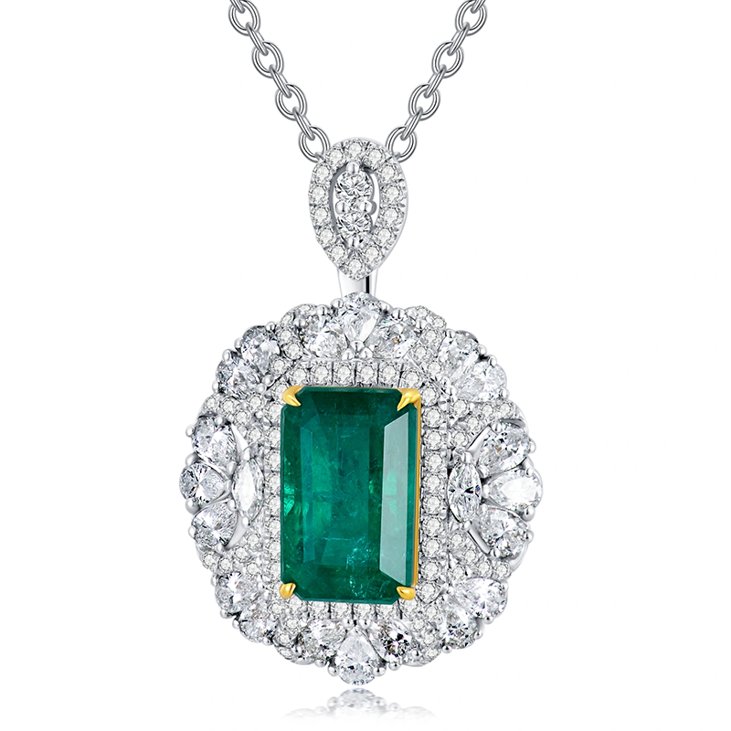 14K White Gold Diamond Emerald Pendant Necklace-2