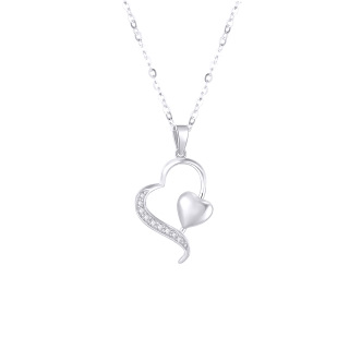 14K White Gold Diamond Heart With Heart Pendant Necklace For Women-56