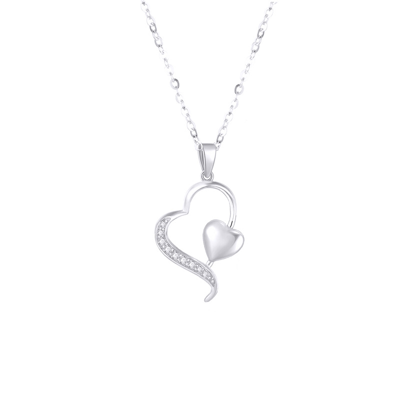 14K White Gold Diamond Heart With Heart Pendant Necklace For Women