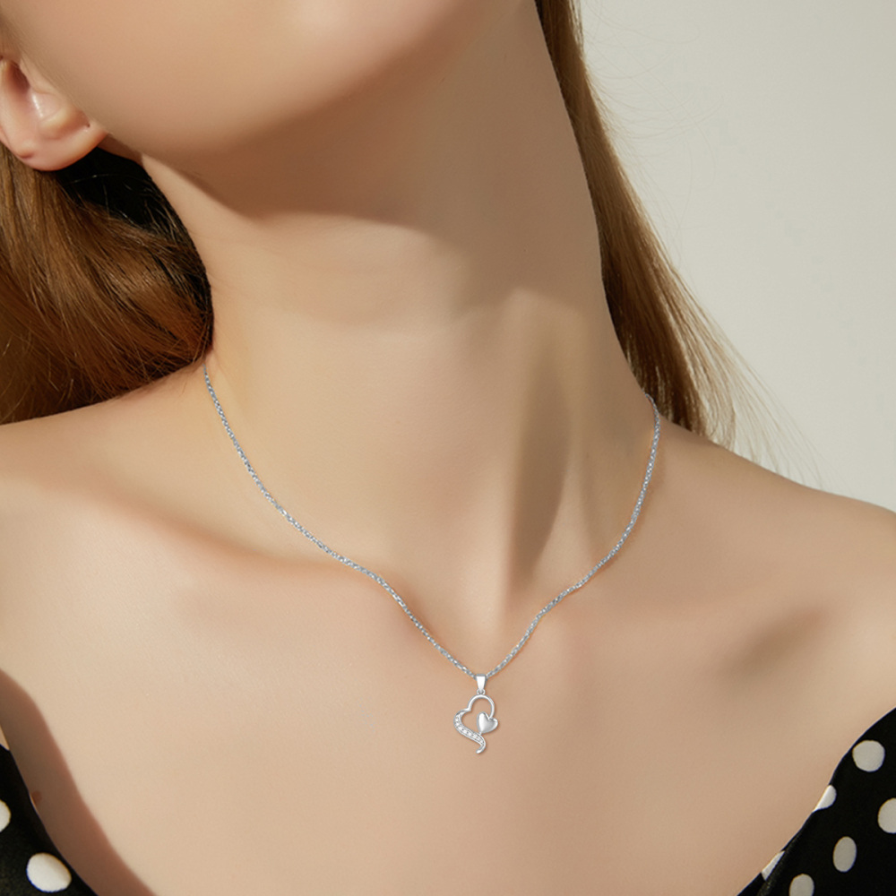 10K White Gold Diamond Heart With Heart Pendant Necklace For Women-2