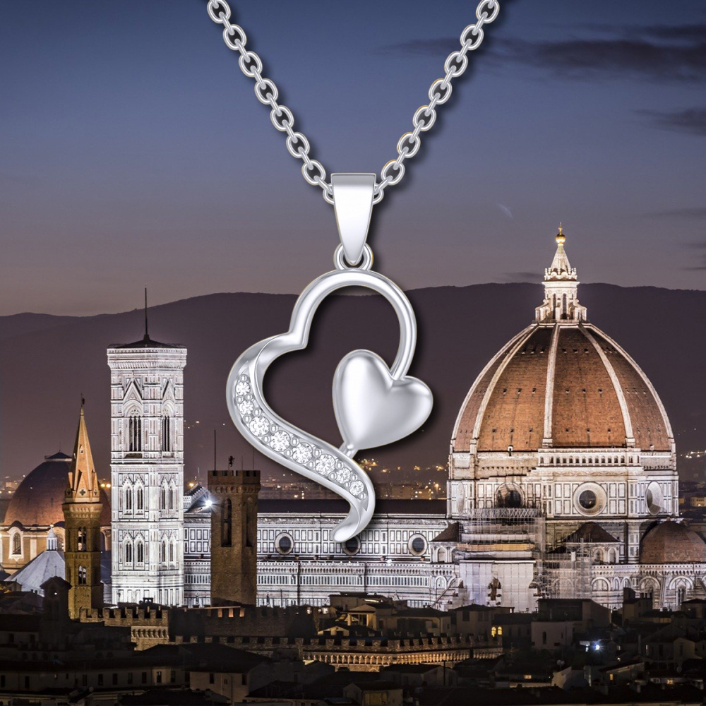 10K White Gold Diamond Heart With Heart Pendant Necklace For Women-3