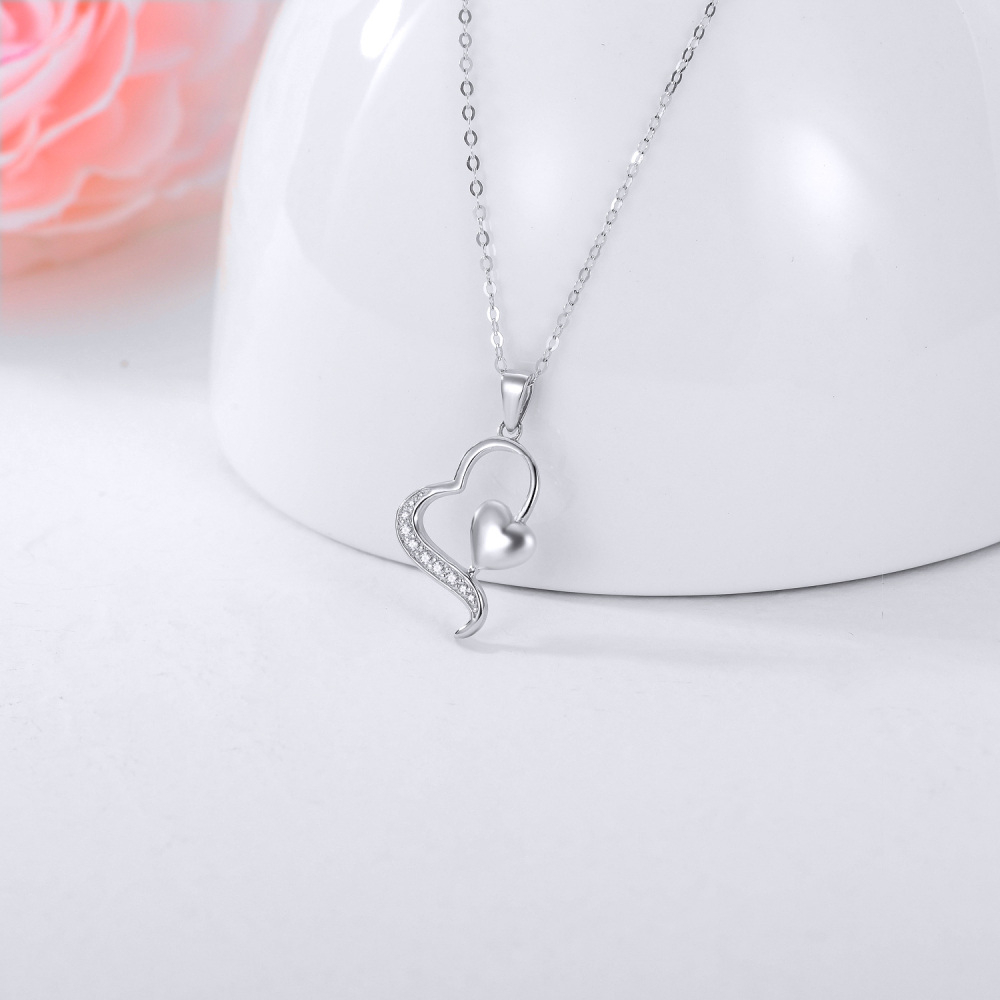 10K White Gold Diamond Heart With Heart Pendant Necklace For Women-4