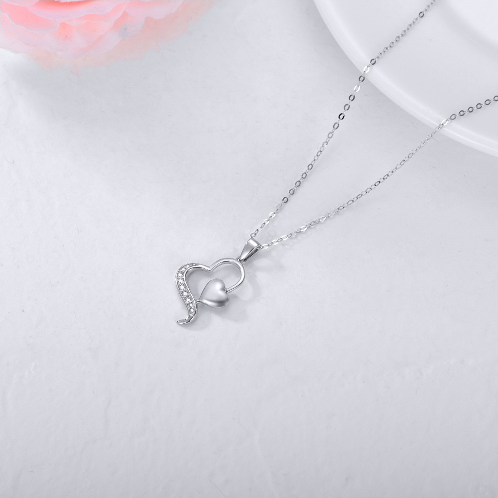 10K White Gold Diamond Heart With Heart Pendant Necklace For Women-5