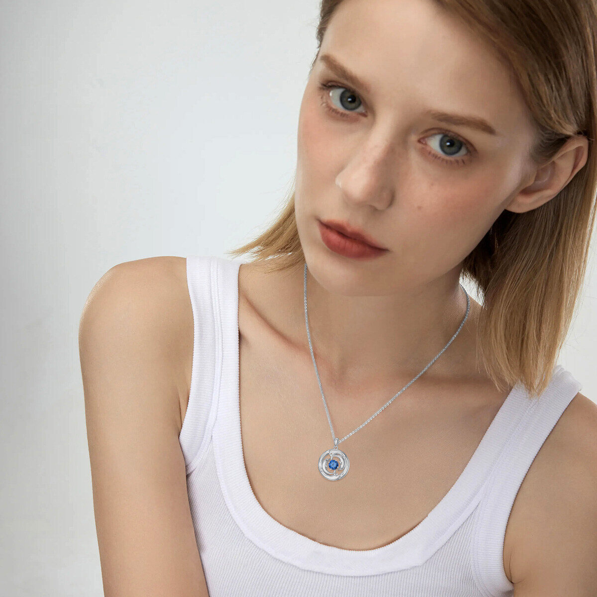 9K White Gold Cubic Zirconia Dolphin Pendant Necklace-3