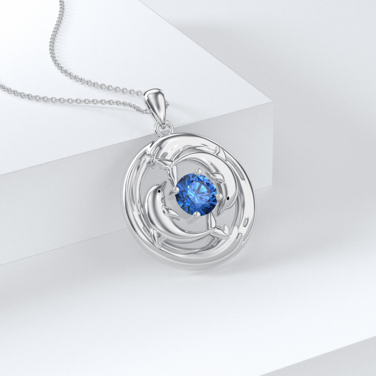 9K White Gold Cubic Zirconia Dolphin Pendant Necklace-4