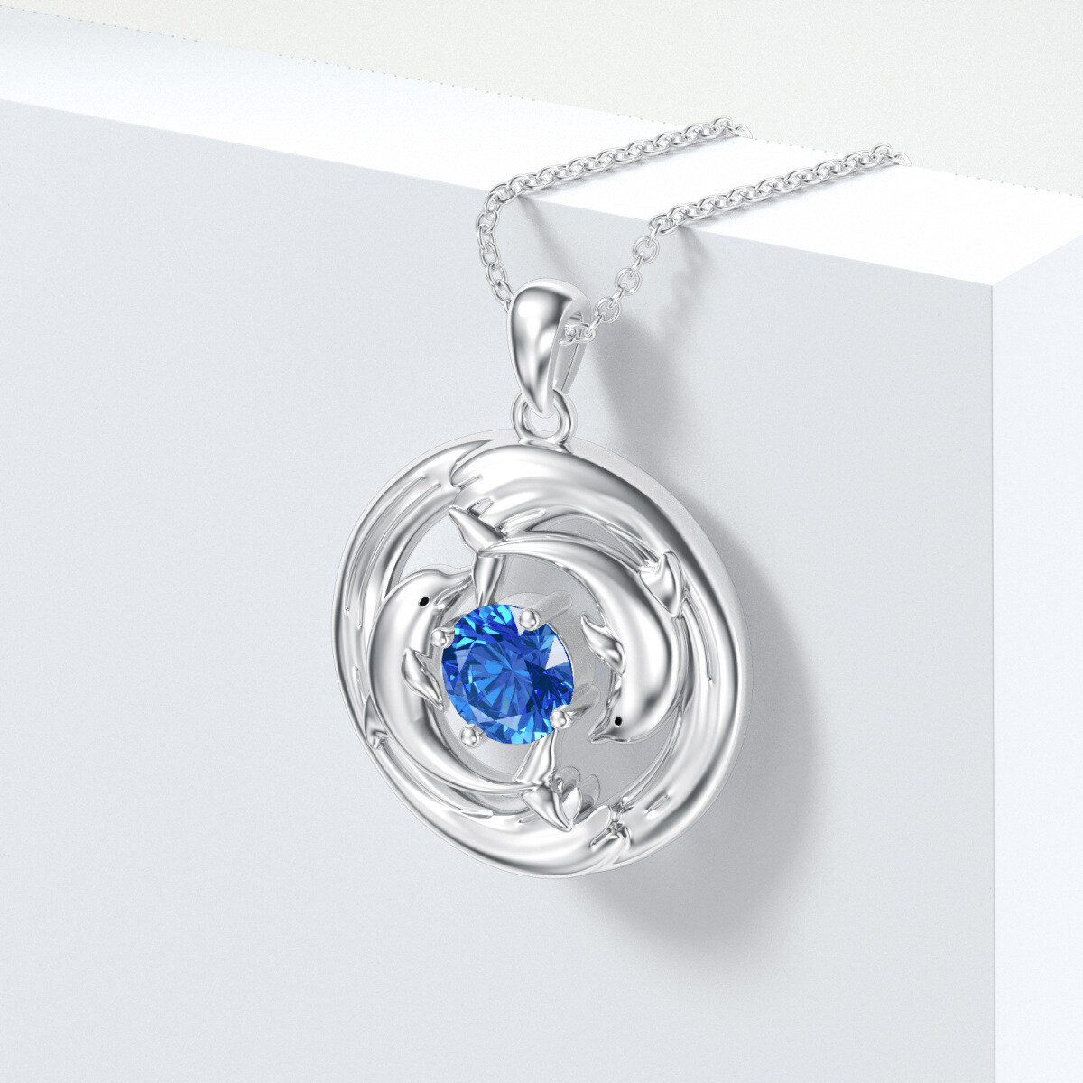 9K White Gold Cubic Zirconia Dolphin Pendant Necklace-5