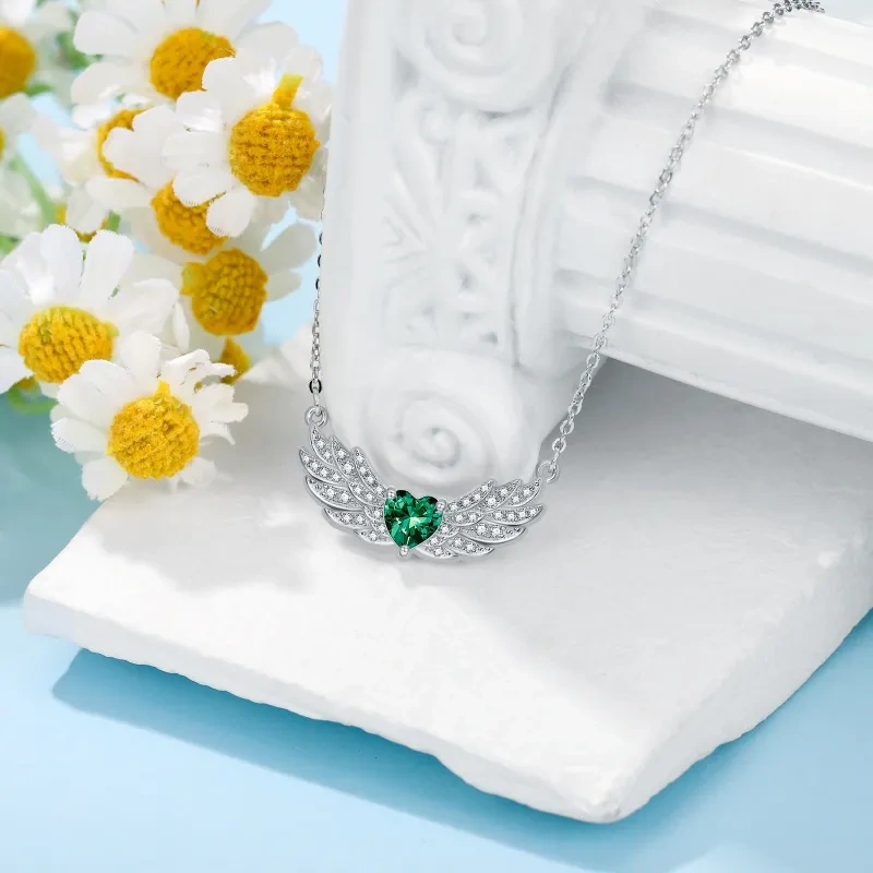 14K White Gold Emerald Angel Wing Pendant Necklace-3