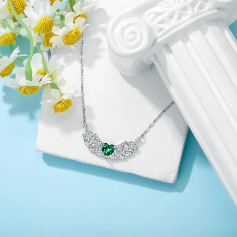 14K White Gold Emerald Angel Wing Pendant Necklace-4