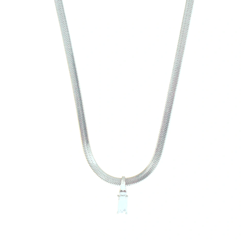 14K White Gold Emerald Cut Gemstone Herringbone Necklace-1