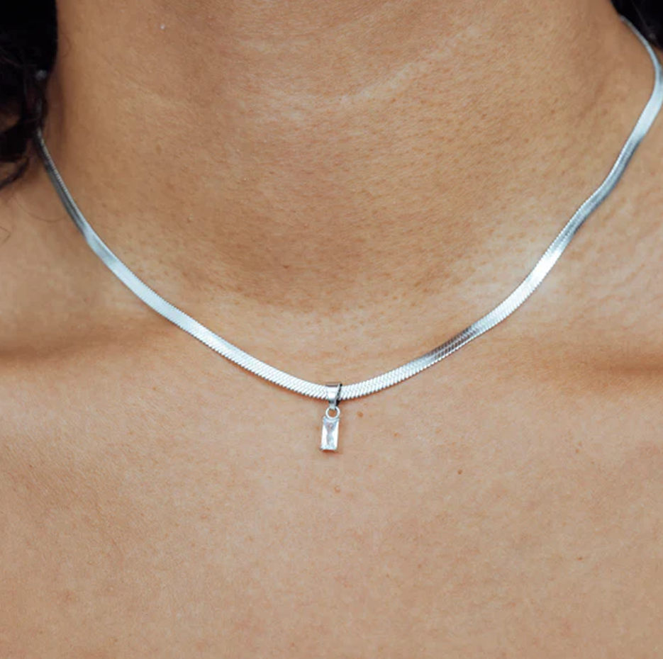 10K White Gold Emerald Cut Gemstone Herringbone Necklace-2