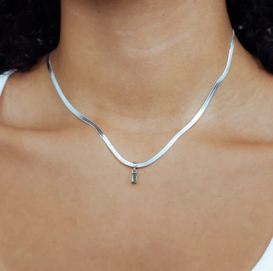 14K White Gold Emerald Cut Gemstone Herringbone Necklace-3