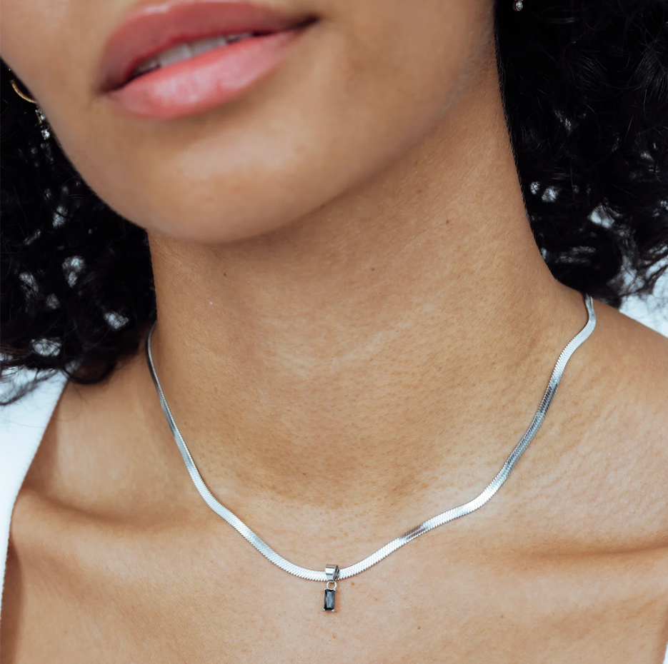 14K White Gold Emerald Cut Gemstone Herringbone Necklace-4