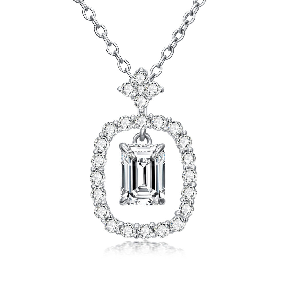 10K White Gold Emerald Cut Moissanite Pendant Necklace-1