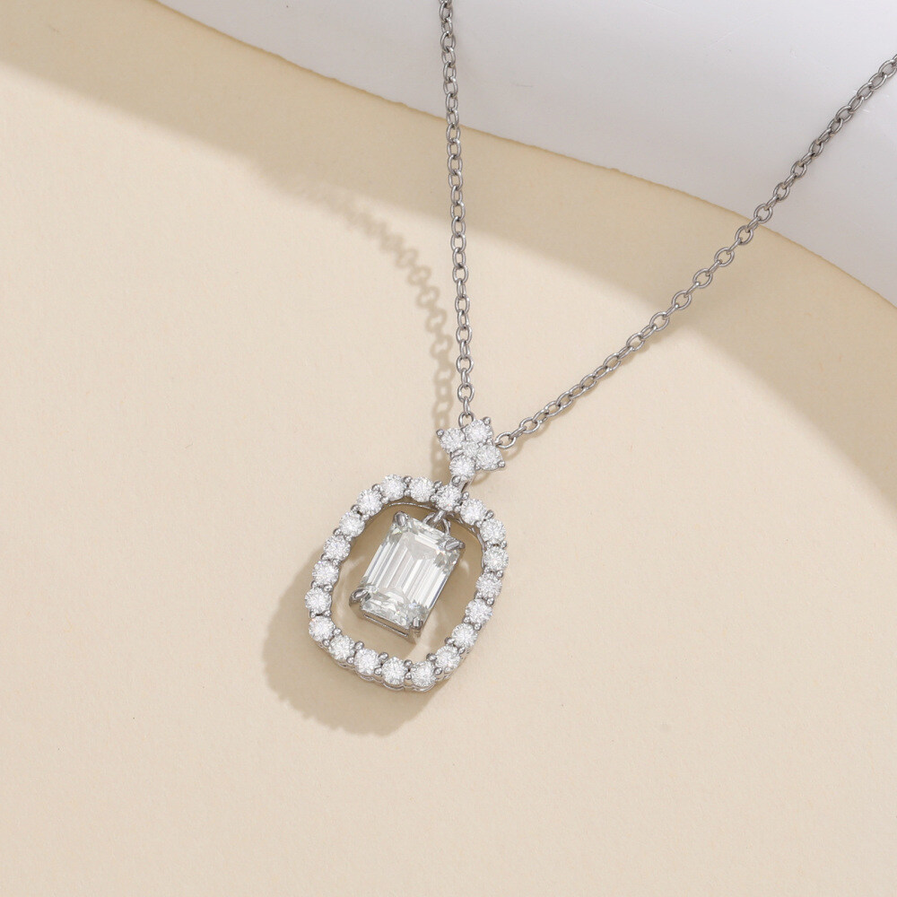 10K White Gold Emerald Cut Moissanite Pendant Necklace-3