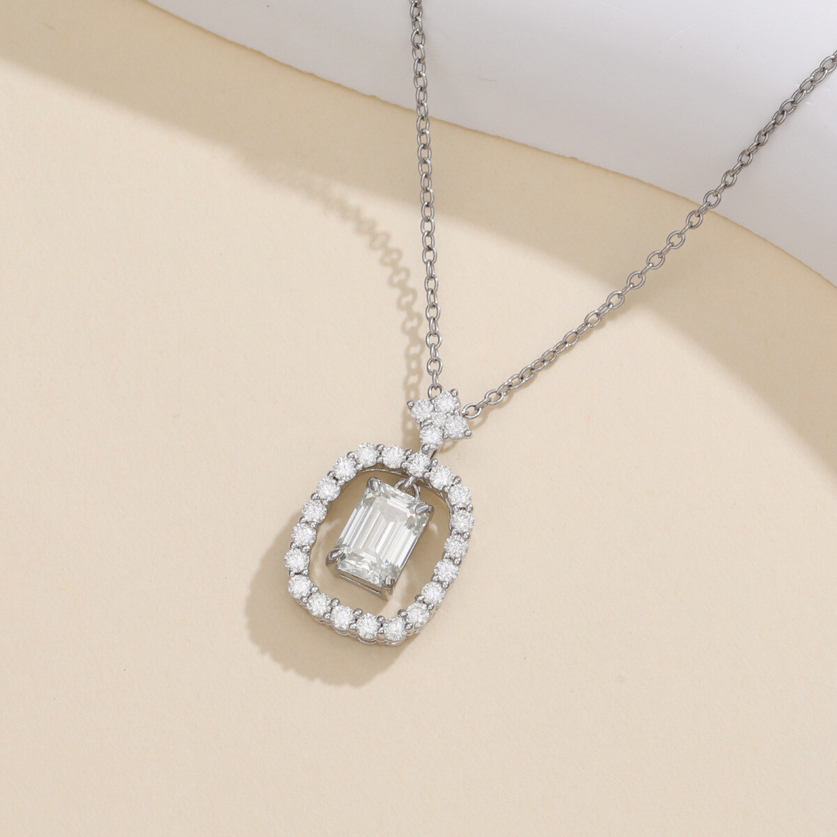 10K White Gold Emerald Cut Moissanite Pendant Necklace-3