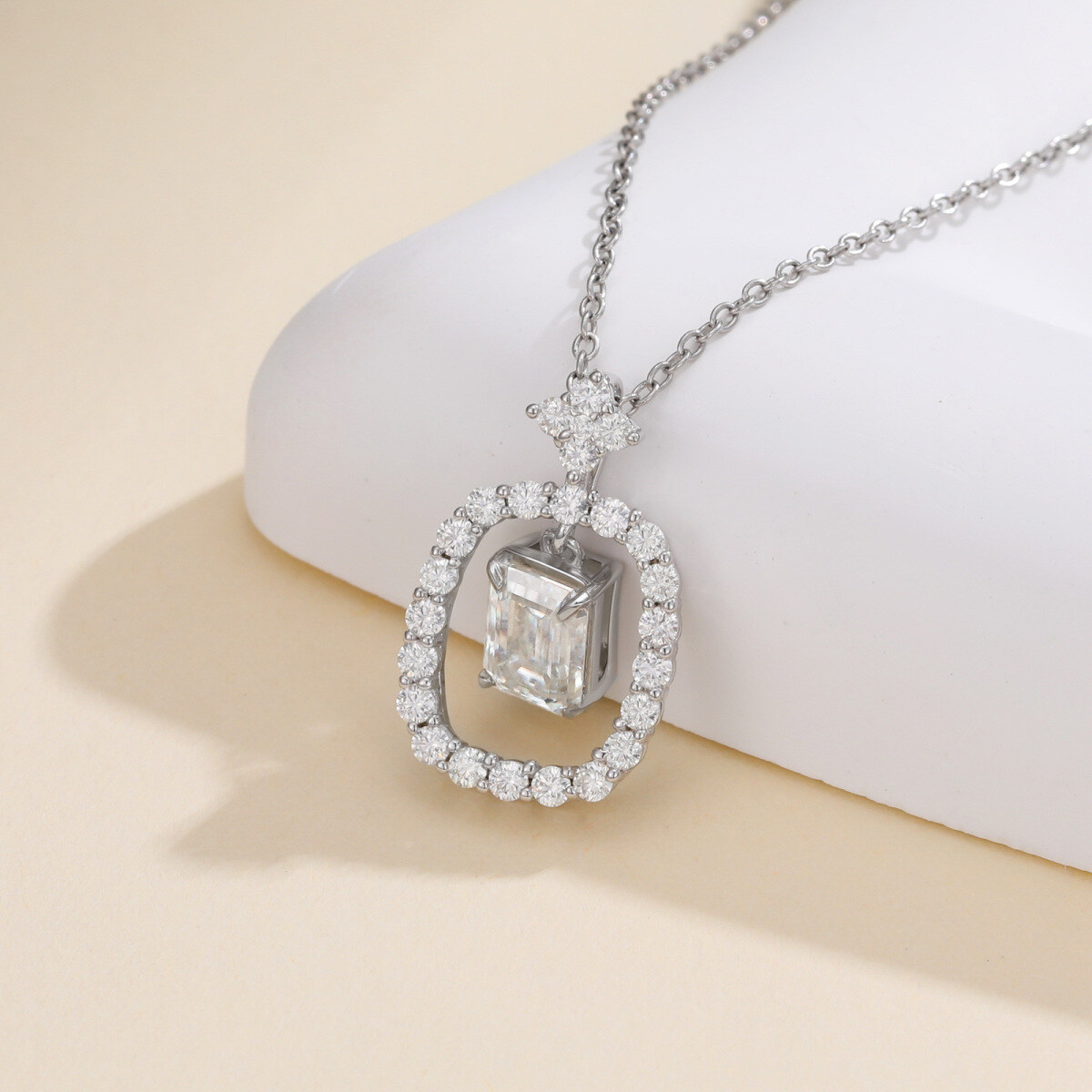 10K White Gold Emerald Cut Moissanite Pendant Necklace-4