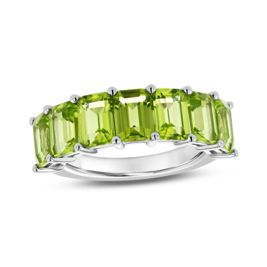 14 Karat Weißgold Smaragdschliff Peridot Sieben Steine Personalisierter Jubiläumsring